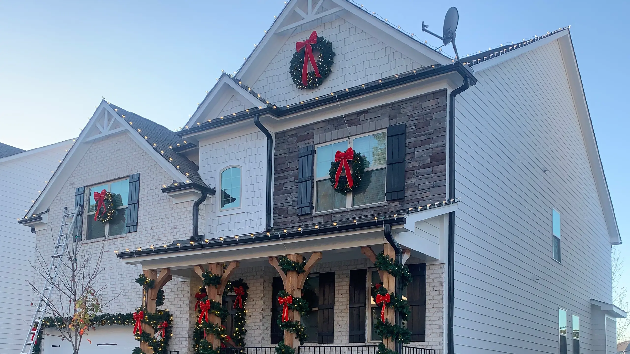 Exterior Christmas lights at night